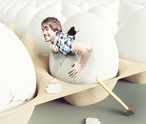Man hit shell|getting out of eggs. Creative concept