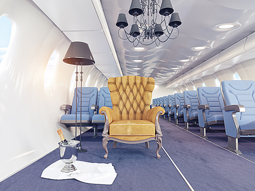 luxury armchair in airplane cabin. 3d creativity concept