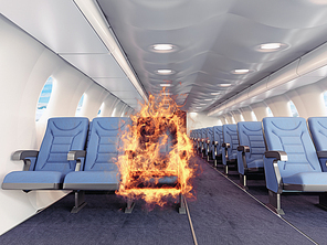 fire in the airplane cabin. 3d creative concept