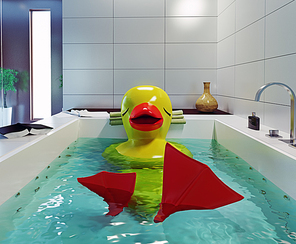 the big rubber duck relaxing in the bathroom. 3d creative concept