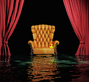 luxury leather armchair and red curtain above flooding  interior (3D)