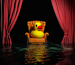 rubber duck on the luxury leather armchair and red curtain above flooding  interior (3D)