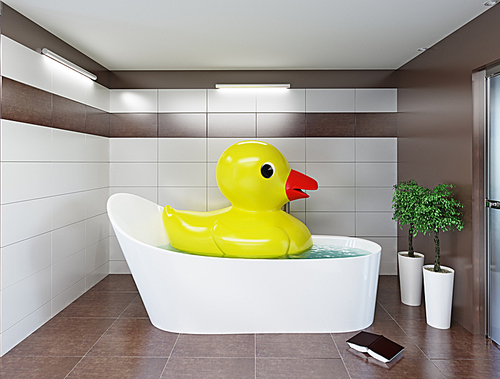 the big rubber duck relaxing in the bathroom. 3d creative concept