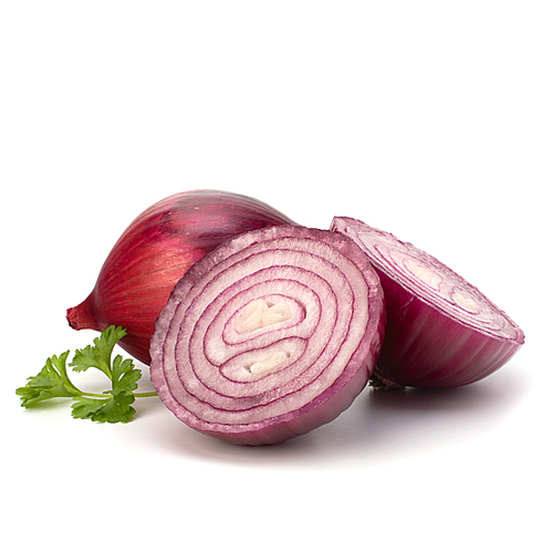 Red sliced onion and fresh parsley still life isolated on white