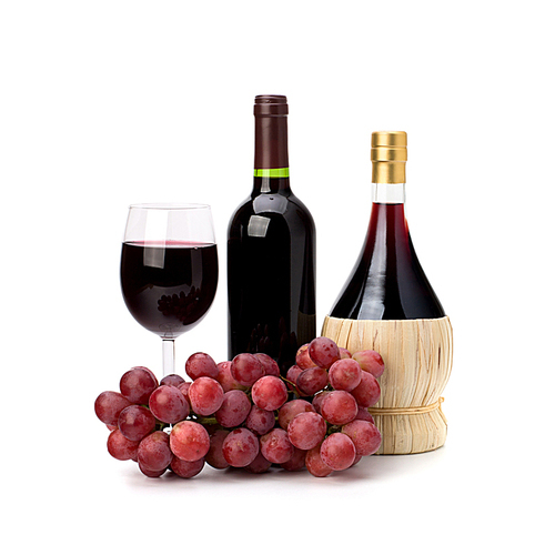 Full red wine glass goblet|bottle and grapes isolated on white