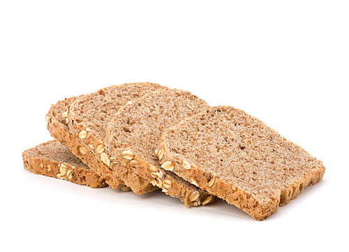 Healthy bran bread slices with rolled oats isolated on white