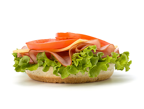 Healthy open sandwich with lettuce|tomato|smoked ham and cheese isolated on white