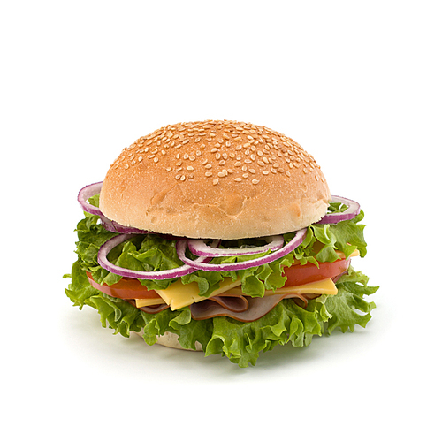 Big appetizing fast food sandwich with lettuce|tomato|smoked ham and cheese isolated on white. Junk food hamburger.