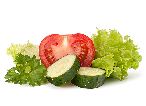 tomato|cucumber vegetable and lettuce salad isolated on white