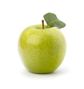 Sweet green apple with  leaf isolated on white