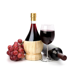 Full red wine glass goblet|bottle and grapes isolated on white