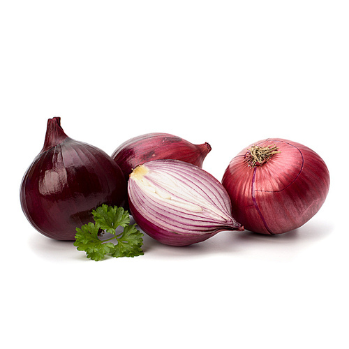 Red sliced onion and fresh parsley still life isolated on white