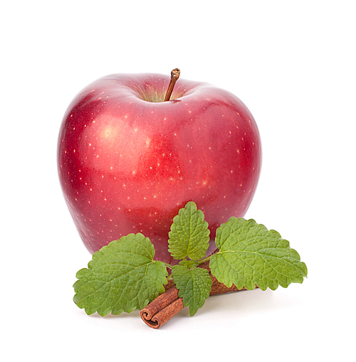 Red apple|cinnamon sticks and mint leaves still life isolated on white cutout.