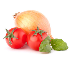 Onion|cherry tomato and basil herb leaves still life isolated on white cutout