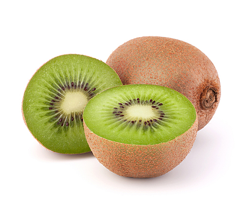 Whole kiwi fruit and his segments isolated on white cutout