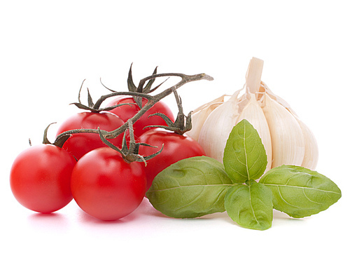 Cherry tomato and garlic isolated on white cutout