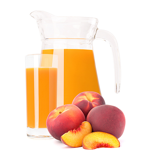 Peach fruit juice in glass jug isolated on white cutout