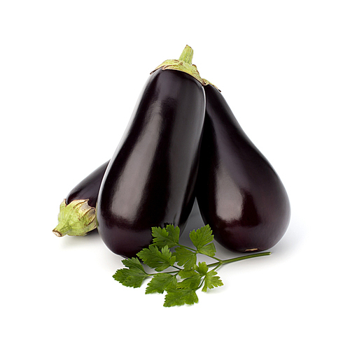 eggplant or aubergine and parsley leaf on white background