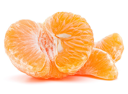 Peeled tangerine or mandarin fruit half  isolated on white cutout