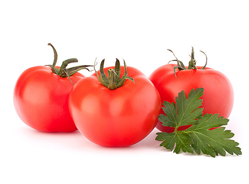 Three tomato vegetables and parsley leaves still life isolated on white cutout
