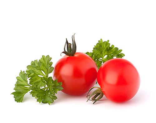 Small cherry tomato and parsley spice  on white background close up