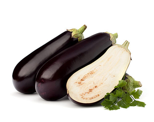 eggplant or aubergine and parsley leaf on white background