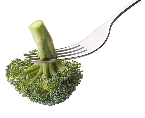 Broccoli on fork isolated on white cutout. Healthy eating concept.