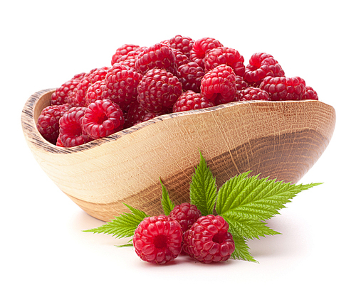 raspberries in wooden bowl isolated on white cutout