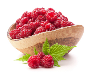 raspberries in wooden bowl isolated on white cutout