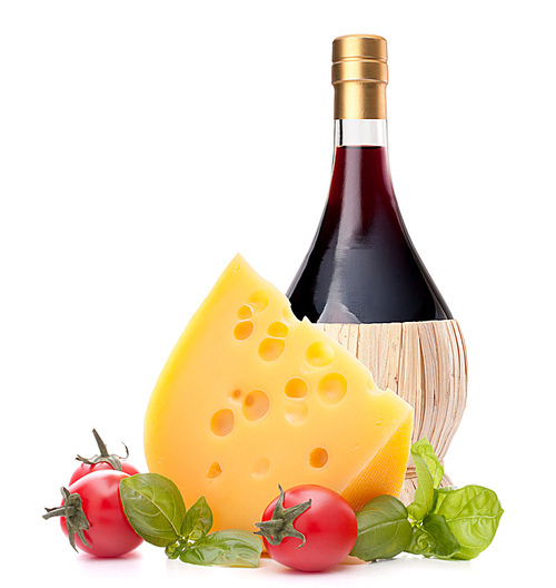 Red wine bottle|cheese and tomato still life isolated on white cutout. Italian food concept.