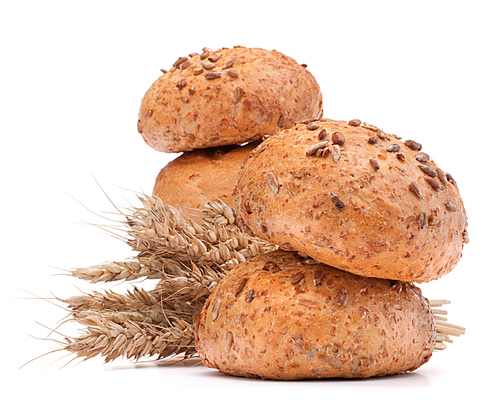 hamburger bun or roll  and wheat ears bunch  isolated on white cutout