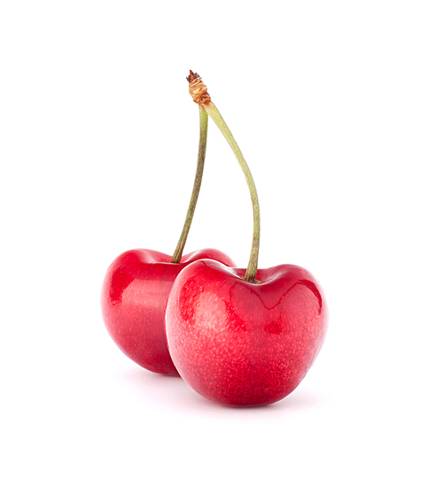 Two heart shaped cherry berries isolated on white cutout