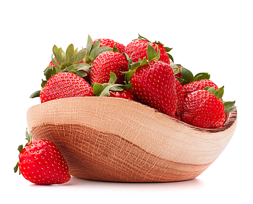 Strawberries in wooden bowl isolated on white cutout