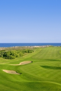 Golf course green grass|sea ocean and summer blue sky