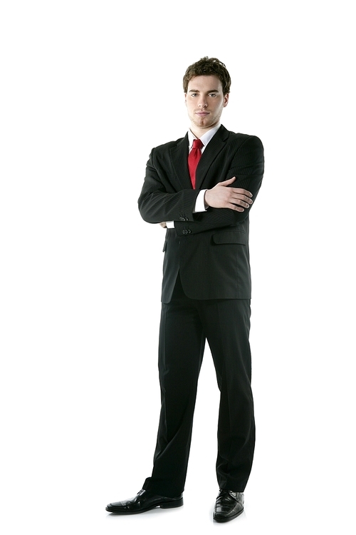 full length suit tie businessman posing stand isolated on white