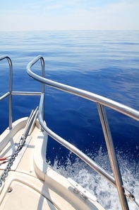 boat sailing blue calm ocean sea bow railing in Mediterranean