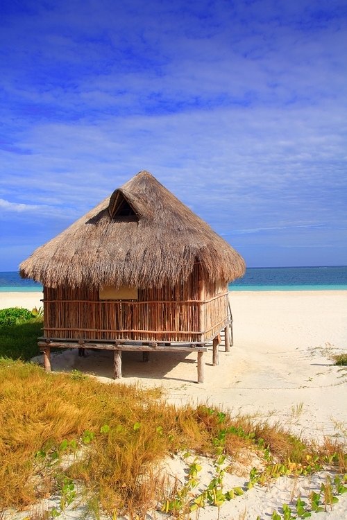 cabin palapa hut Caribbean sea beach Mexico Puerto Morelos