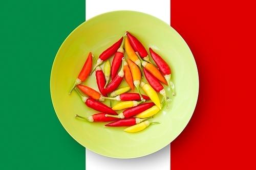 colorful chili peppers plate with Mexico flag in background