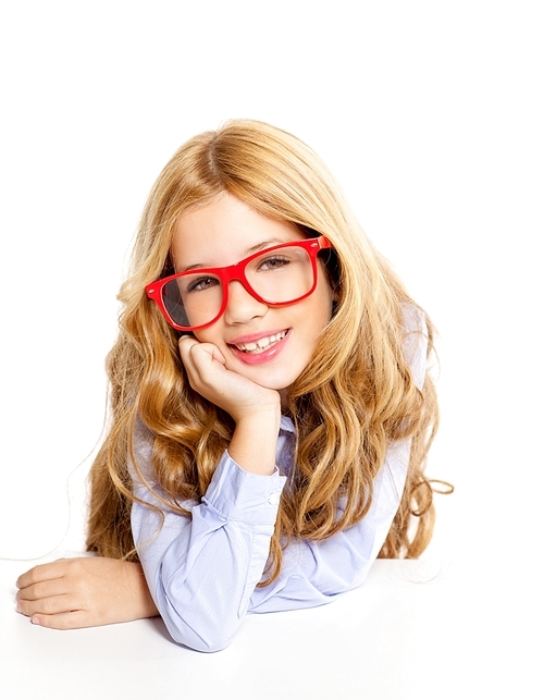 blond fashion kid girl with red glasses portrait isolated on white