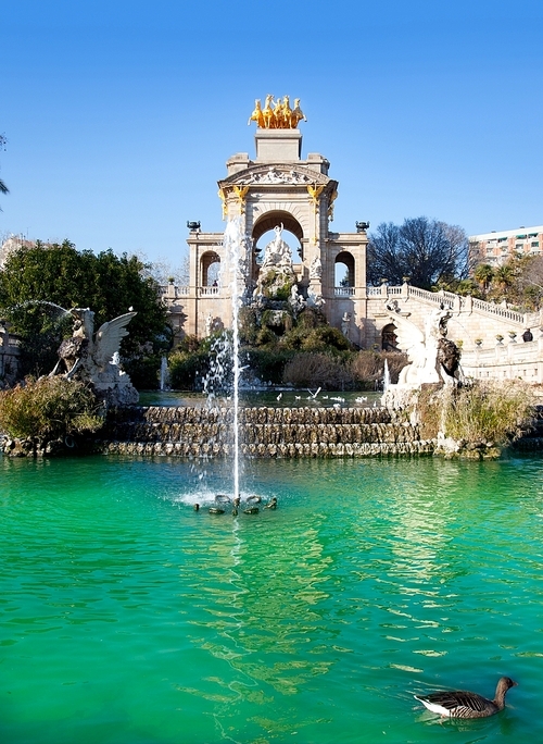 Barcelona ciudadela park lake fountain with golden quadriga of Aurora