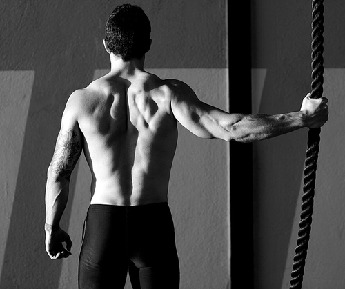 Crossfit gym man holding hand a climbing rope rear view