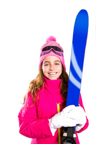 Kid girl ski with snow equipment goggles and winter wool hat