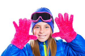 blond kid gir winter snow portrait with open hands with pink gloves smiling happy