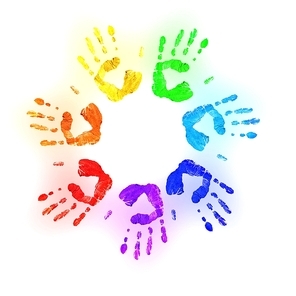 Colourful prints of human hands on white background