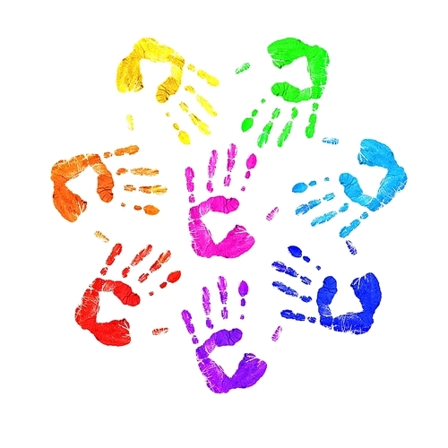 Colourful prints of human hands on white background