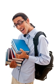 Student with stack of books on white