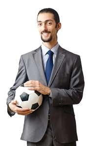 Businessman holding football on white