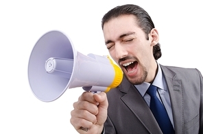 Man shouting and yelling with loudspeaker