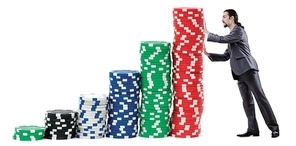 Businessman and casino chips on white