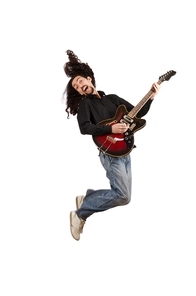 Young man playing guitar on white